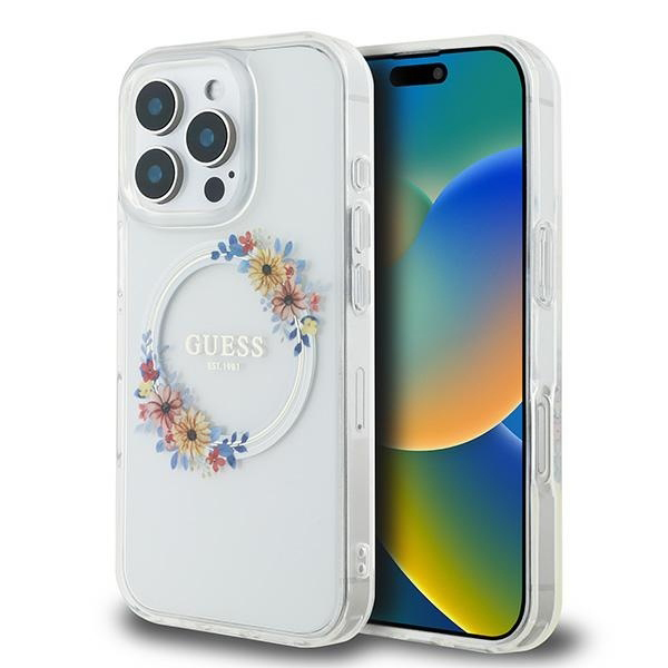 Husa MagSafe pentru Apple iPhone 16 Pro, Guess, IML Flowers Wreath, Transparenta