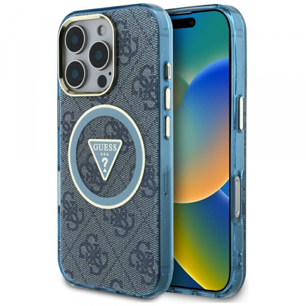 Husa MagSafe pentru Apple iPhone 16 Pro, Guess, IML Glitter 4G Circle Triangle, Albastra