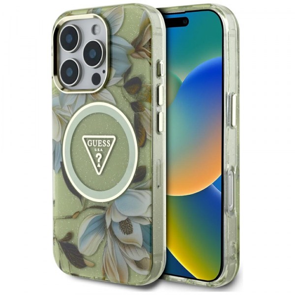 Husa MagSafe pentru Apple iPhone 16 Pro, Guess, IML Metal Glitter Flowers Triangle, Verde