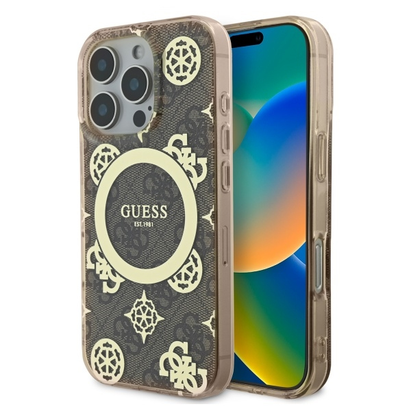 Husa MagSafe pentru Apple iPhone 16 Pro, Guess, IML Peony On 4G Background, Maro