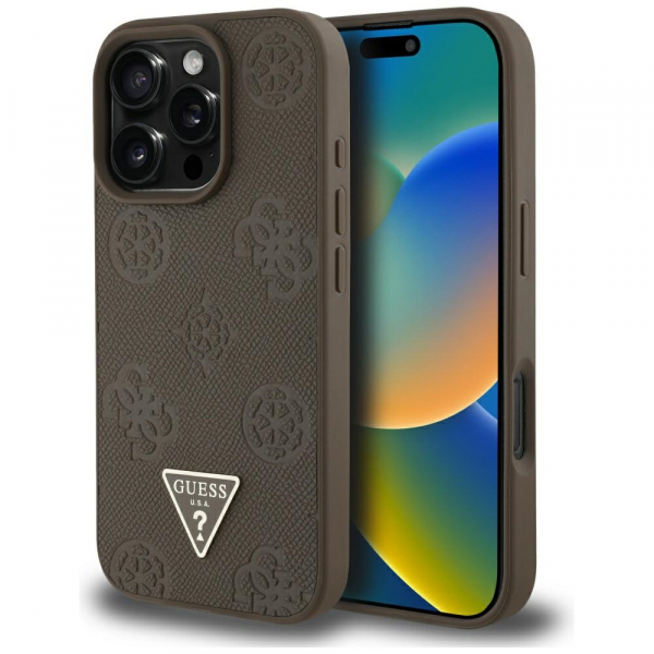Husa MagSafe pentru Apple iPhone 16 Pro, Guess, Peony Grained Hot Stamp Triangle, Maro