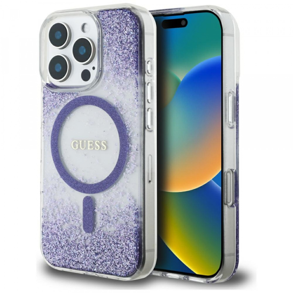Husa MagSafe pentru Apple iPhone 16 Pro, Guess, Resin Bottom Glitter, Mov