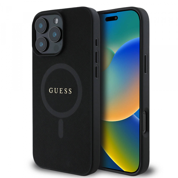 Husa MagSafe pentru Apple iPhone 16 Pro, Guess, Saffiano Classic Logo, Neagra