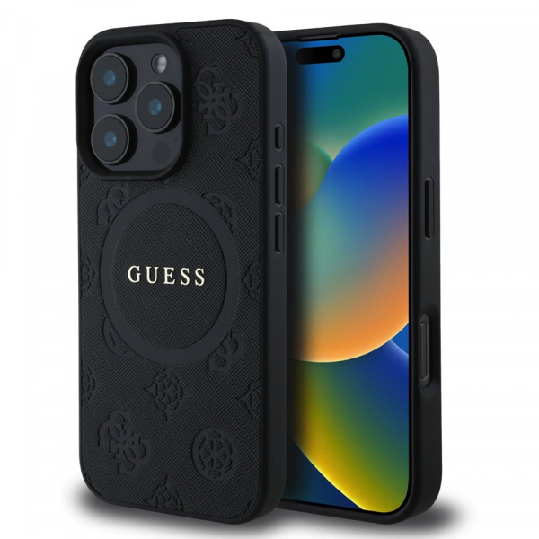 Husa MagSafe pentru Apple iPhone 16 Pro, Guess, Saffiano Peony Classic Logo, Neagra