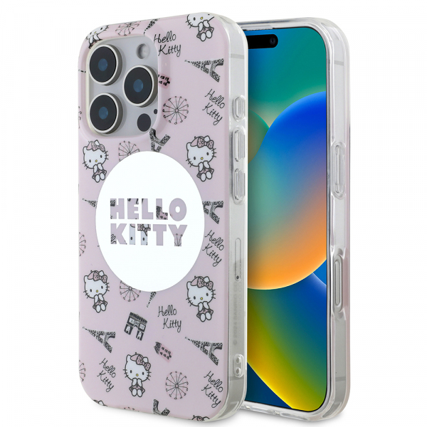 Husa MagSafe pentru Apple iPhone 16 Pro, Hello Kitty, IML All Over Paris, Roz