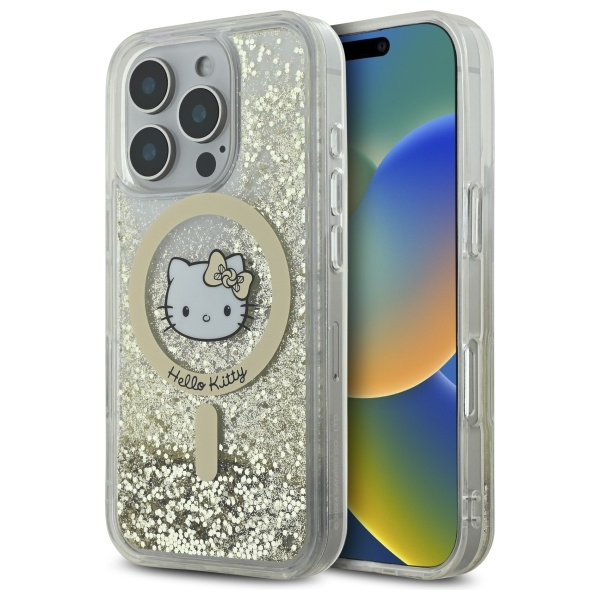 Husa MagSafe pentru Apple iPhone 16 Pro, Hello Kitty, Liquid Glitter Fever, Alba Aurie