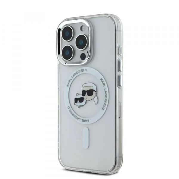 Husa MagSafe pentru Apple iPhone 16 Pro, Karl Lagerfeld, IML Metal Karl & Choupette\'s Heads, Alba