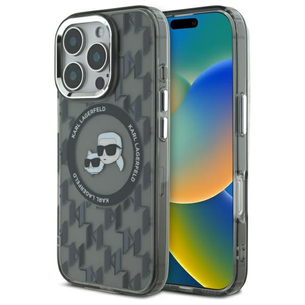 Husa MagSafe pentru Apple iPhone 16 Pro, Karl Lagerfeld, IML Monogram Karl & Choupette\'s Heads, Neagra
