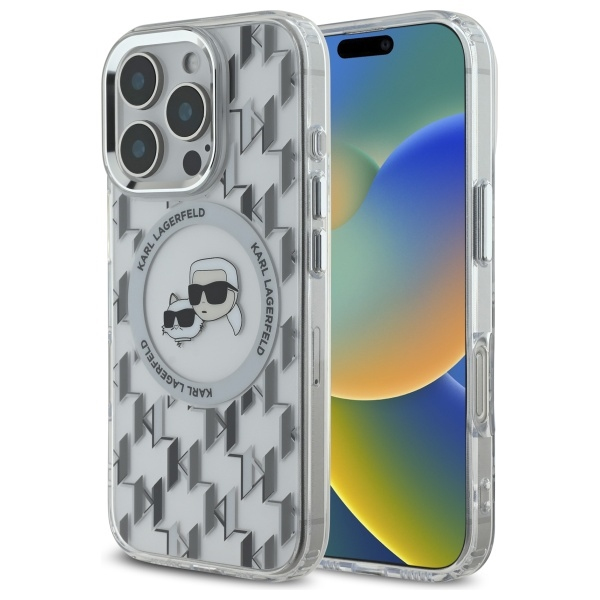 Husa MagSafe pentru Apple iPhone 16 Pro, Karl Lagerfeld, IML Monogram Karl & Choupette\'s Heads, Transparenta