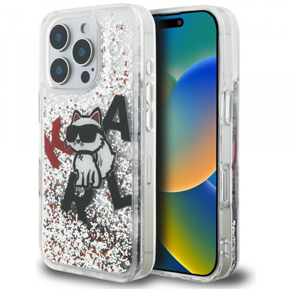 Husa MagSafe pentru Apple iPhone 16 Pro, Karl Lagerfeld, Liquid Glitter Choupette Logo, Transparenta