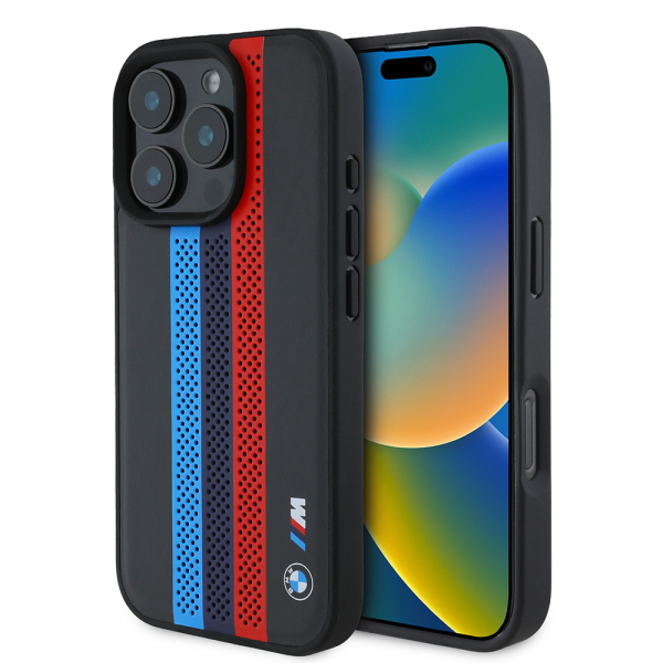 Husa MagSafe pentru Apple iPhone 16 Pro Max, BMW, Perforated M Perf. Tricolor Stripers, Neagra