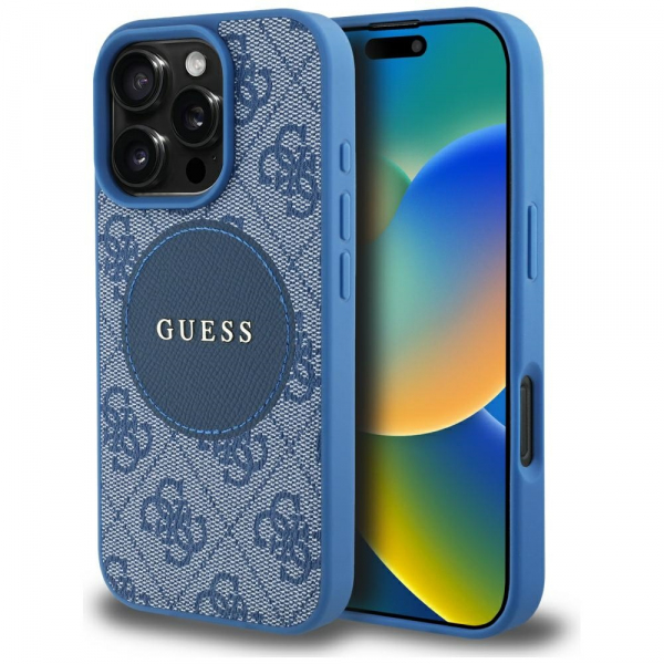 Husa MagSafe pentru Apple iPhone 16 Pro Max, Guess, 4G Circle Classic Logo, Albastra