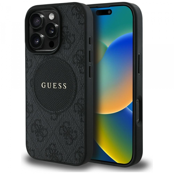 Husa MagSafe pentru Apple iPhone 16 Pro Max, Guess, 4G Circle Classic Logo, Neagra