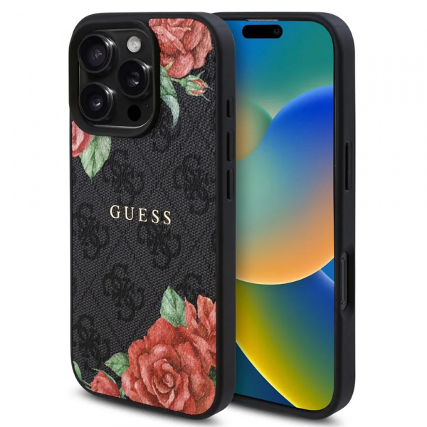 Husa MagSafe pentru Apple iPhone 16 Pro Max, Guess, 4G Flowers Print, Neagra