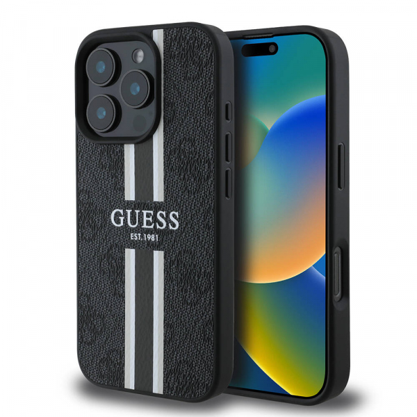 Husa MagSafe pentru Apple iPhone 16 Pro Max, Guess, 4G Printed Stripes, Neagra