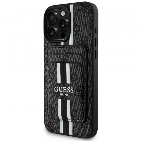 Husa MagSafe pentru Apple iPhone 16 Pro Max, Guess, Cardslot 4G Stripes, Neagra