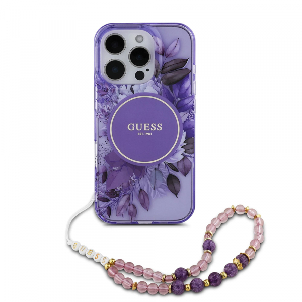 Husa MagSafe pentru Apple iPhone 16 Pro Max, Guess, IML Flowers with Pearl Strap, Mov