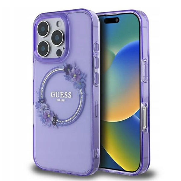 Husa MagSafe pentru Apple iPhone 16 Pro Max, Guess, IML Flowers Wreath, Mov