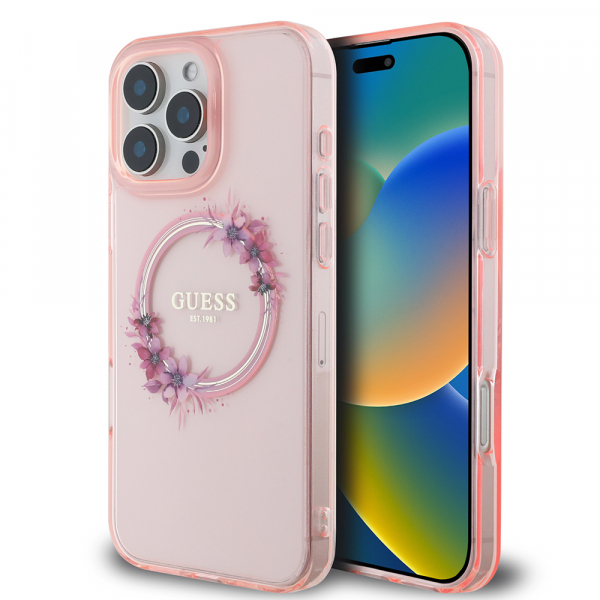 Husa MagSafe pentru Apple iPhone 16 Pro Max, Guess, IML Flowers Wreath, Roz