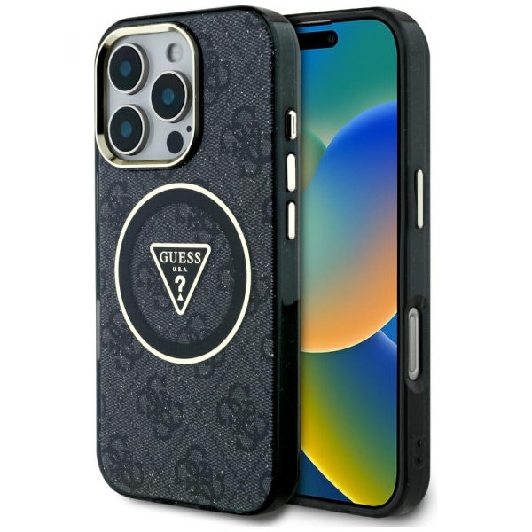 Husa MagSafe pentru Apple iPhone 16 Pro Max, Guess, IML Glitter 4G Circle Triangle, Neagra