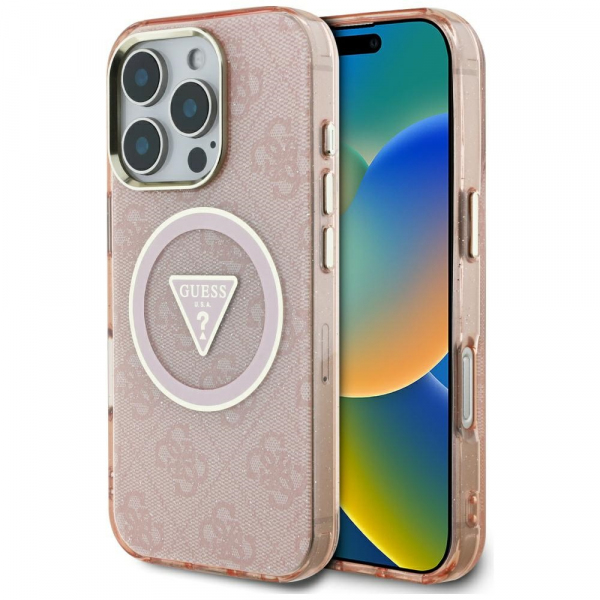 Husa MagSafe pentru Apple iPhone 16 Pro Max, Guess, IML Glitter 4G Circle Triangle, Roz
