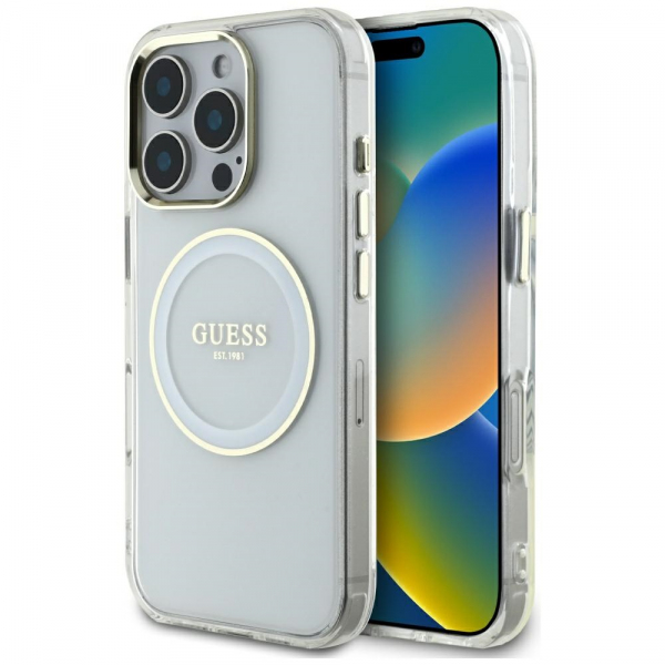 Husa MagSafe pentru Apple iPhone 16 Pro Max, Guess, IML Metal Colored Circle, Alba