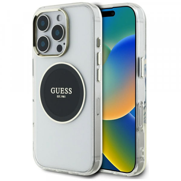 Husa MagSafe pentru Apple iPhone 16 Pro Max, Guess, IML Metal Colored Circle, Neagra