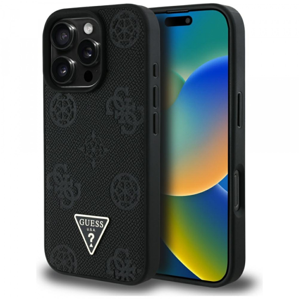 Husa MagSafe pentru Apple iPhone 16 Pro Max, Guess, Peony Grained Hot Stamp Triangle, Neagra