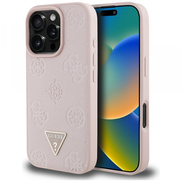 Husa MagSafe pentru Apple iPhone 16 Pro Max, Guess, Peony Grained Hot Stamp Triangle, Roz