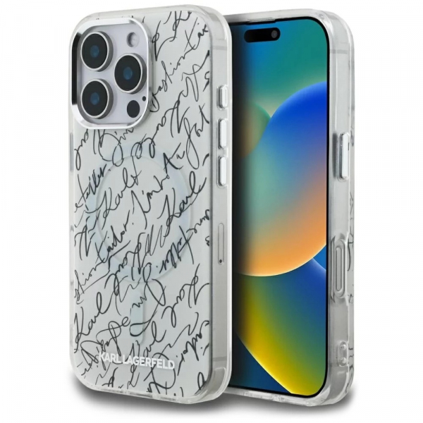 Husa MagSafe pentru Apple iPhone 16 Pro Max, Karl Lagerfeld, IML Karl Script Pattern, Alba