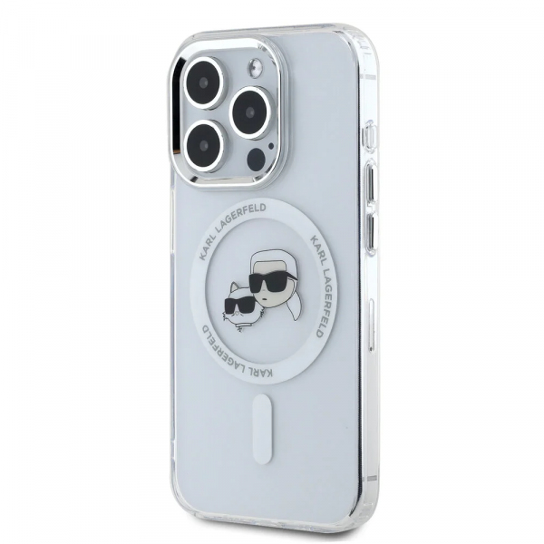 Husa MagSafe pentru Apple iPhone 16 Pro Max, Karl Lagerfeld, IML Metal Karl & Choupette\'s Heads, Alba