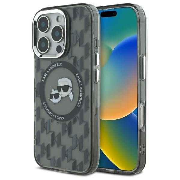 Husa MagSafe pentru Apple iPhone 16 Pro Max, Karl Lagerfeld, IML Monogram Karl & Choupette\'s Heads, Neagra