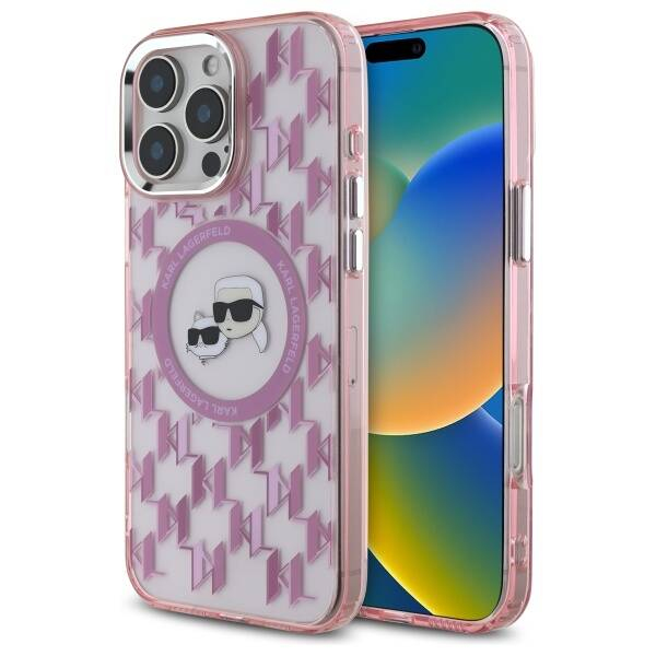 Husa MagSafe pentru Apple iPhone 16 Pro Max, Karl Lagerfeld, IML Monogram Karl & Choupette\'s Heads, Roz