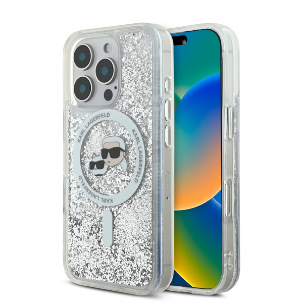 Husa MagSafe pentru Apple iPhone 16 Pro Max, Karl Lagerfeld, Liquid Glitter Karl & Choupette\'s Heads, Transparenta