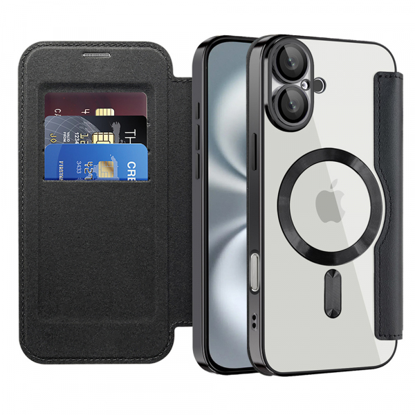 Husa MagSafe pentru Apple iPhone 16, Techsuit, SmartMag Book, Neagra