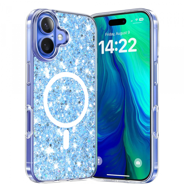 Husa MagSafe pentru Apple iPhone 16, Techsuit, Sparkly Glitter, Bleu