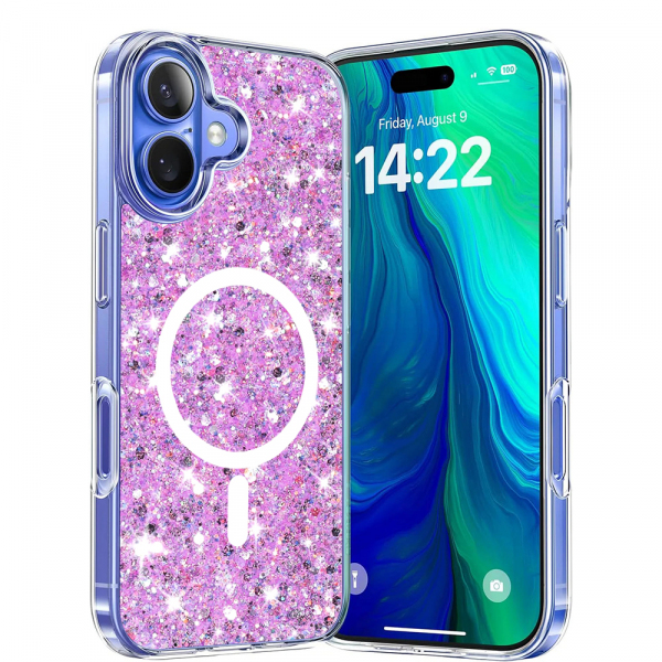 Husa MagSafe pentru Apple iPhone 16, Techsuit, Sparkly Glitter, Magenta