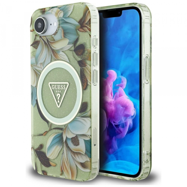 Husa MagSafe pentru Apple iPhone 17e / 16e, Guess, IML Metal Glitter Flowers Triangle, Verde