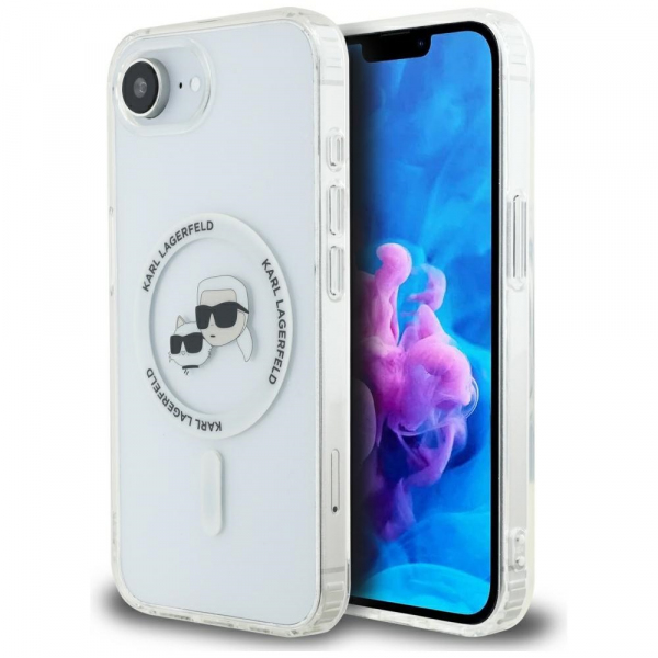 Husa MagSafe pentru Apple iPhone 17e / 16e, Karl Lagerfeld, IML Metal Karl & Choupette\'s Heads, Alba