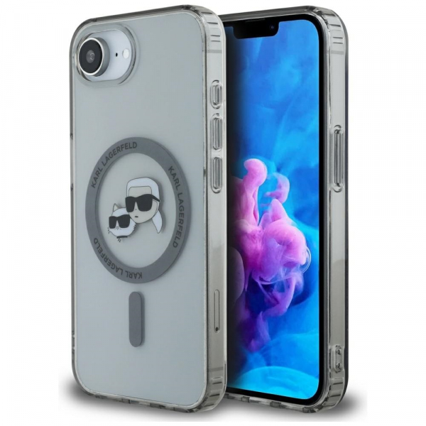 Husa MagSafe pentru Apple iPhone 17e / 16e, Karl Lagerfeld, IML Metal Karl & Choupette\'s Heads, Neagra