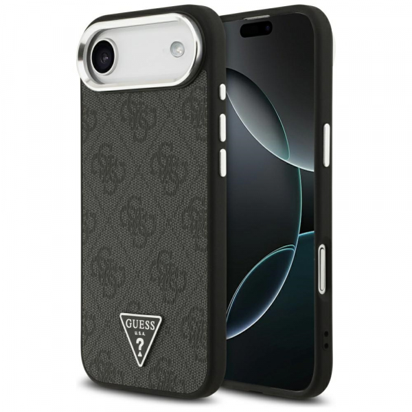 Husa MagSafe pentru Apple iPhone 17 Air, Guess, 4G Triangle Logo, Neagra Argintie