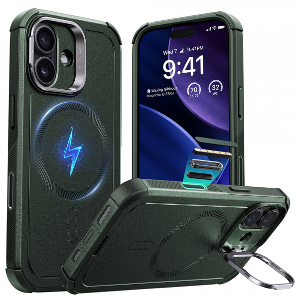 Husa MagSafe pentru Apple iPhone 17, ESR, Cyber Armor Kickstand, Verde