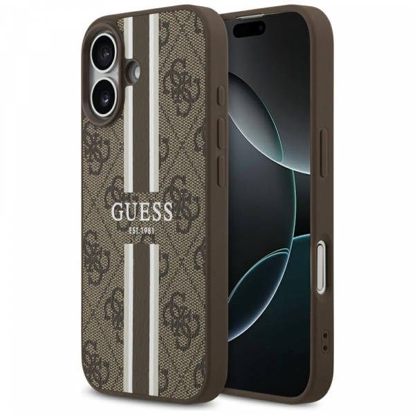 Husa MagSafe pentru Apple iPhone 17, Guess, 4G Printed Stripes, Maro