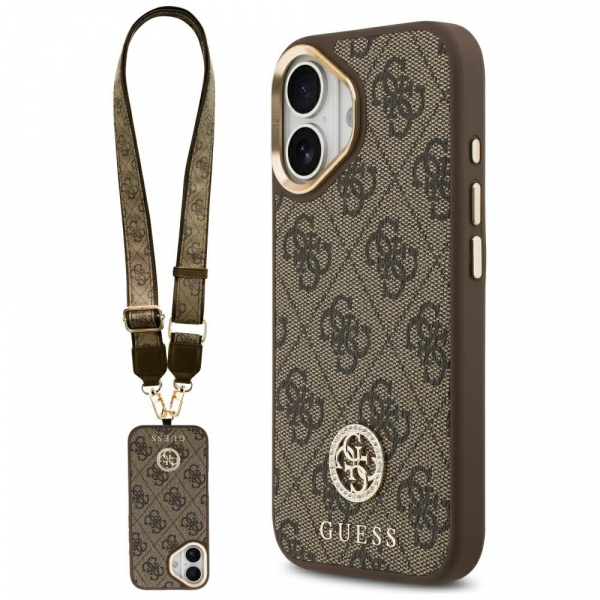 Husa MagSafe pentru Apple iPhone 17, Guess, 4G Strass Logo with Big Strap, Maro
