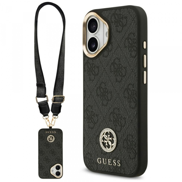 Husa MagSafe pentru Apple iPhone 17, Guess, 4G Strass Logo with Big Strap, Neagra