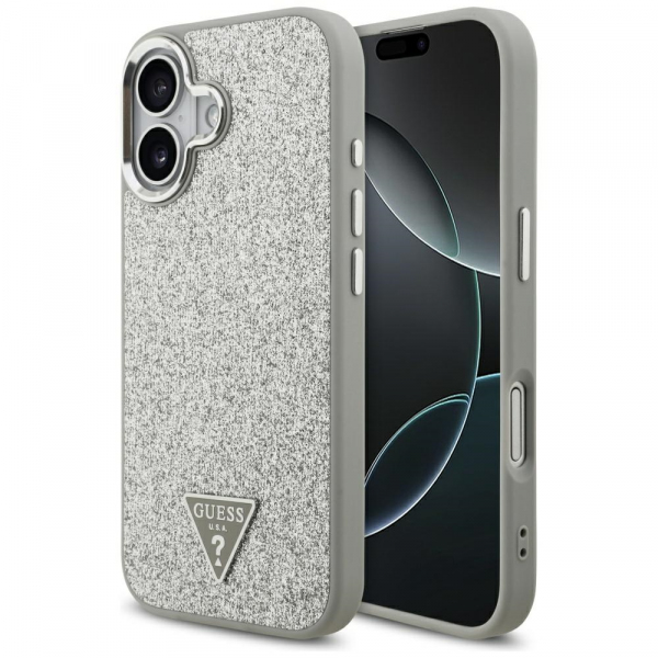 Husa MagSafe pentru Apple iPhone 17, Guess, Glitter Triangle Logo, Argintie