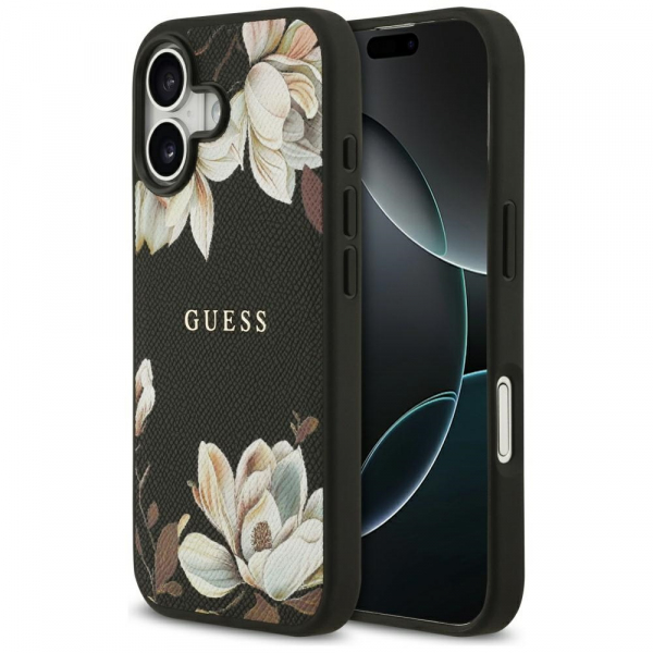 Husa MagSafe pentru Apple iPhone 17, Guess, Grained Flowers, Neagra