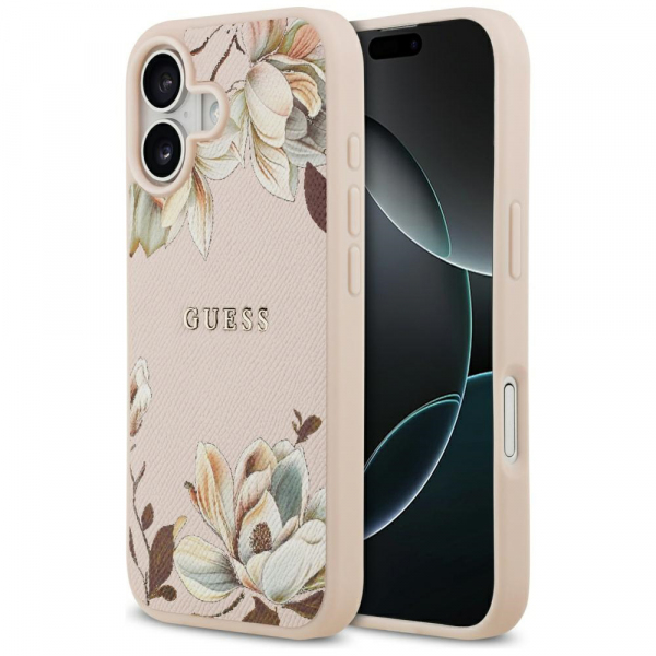 Husa MagSafe pentru Apple iPhone 17, Guess, Grained Flowers, Roz