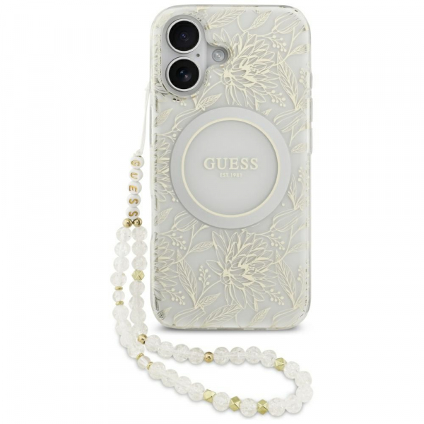 Husa MagSafe pentru Apple iPhone 17, Guess, IML Flowers with Pearl Strap, Alba