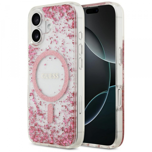 Husa MagSafe pentru Apple iPhone 17, Guess, Resin Bottom Glitter, Roz